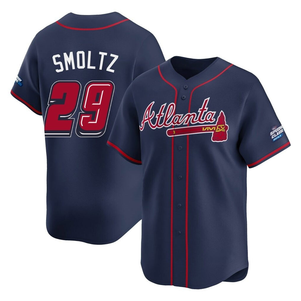 A.Braves #29 John Smoltz Player Navy 2025 Speedway Classic Home Game Qdoa Stitched Jerseys