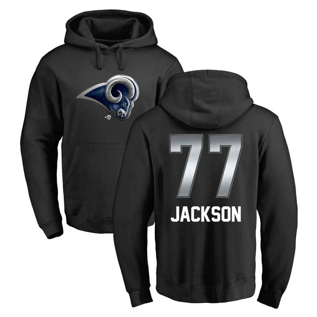 LA.Rams #77 Alaric Jackson Player Black Pullover Hoodie Limited Game Qdoa Stitched Jerseys