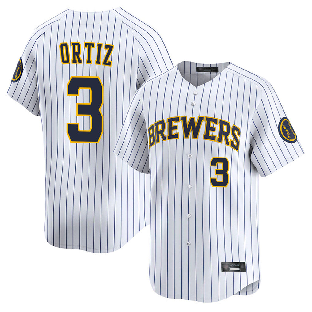 M.Brewers #3 Joey Ortiz Player White Stripes Home Limited Game Qdoa Stitched Jerseys