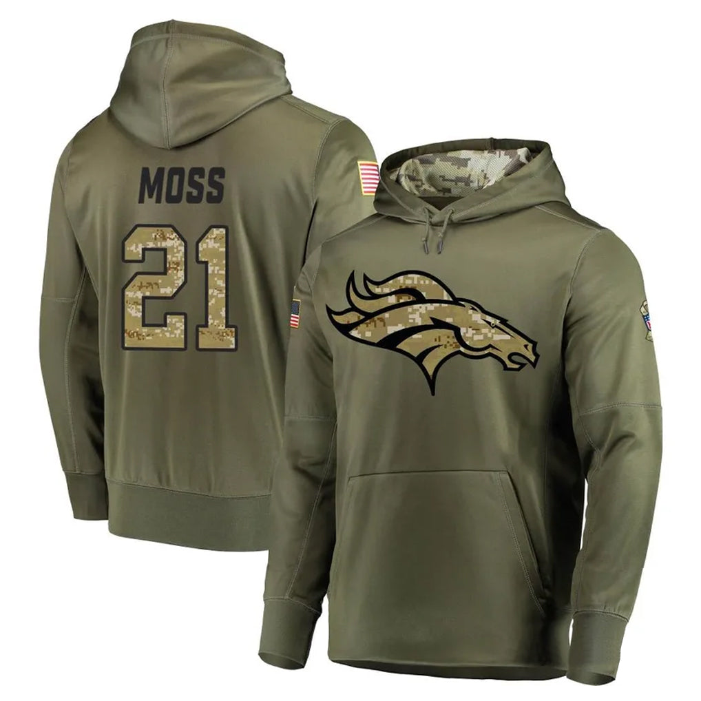 D.Broncos #21 Riley Moss Player Olive Salute to Service Pullover Hoodies Home Game Qdoa Stitched Jerseys