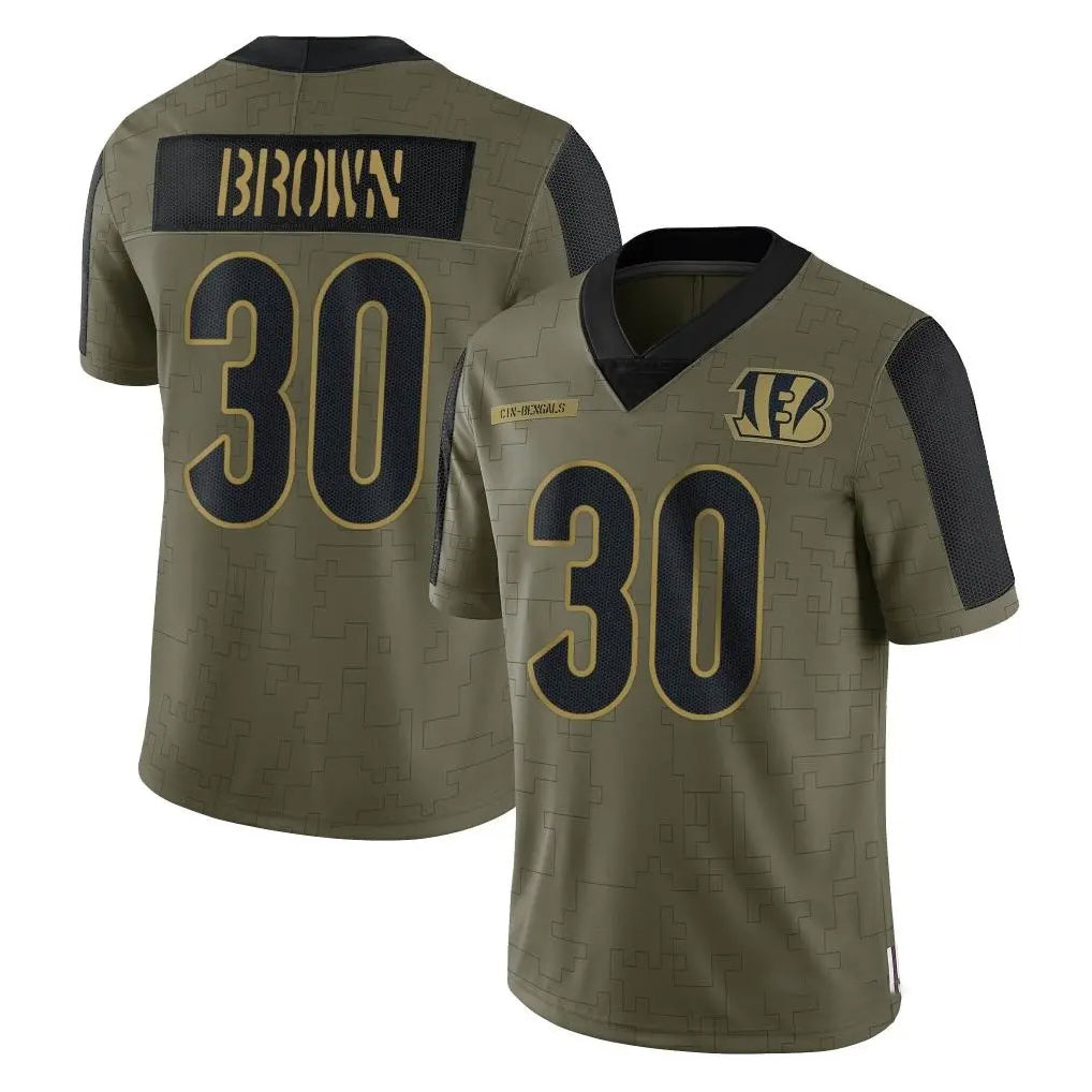C.Bengals #30 Chase Brown Player Olive Salute to Service Game Qdoa Stitched Jerseys