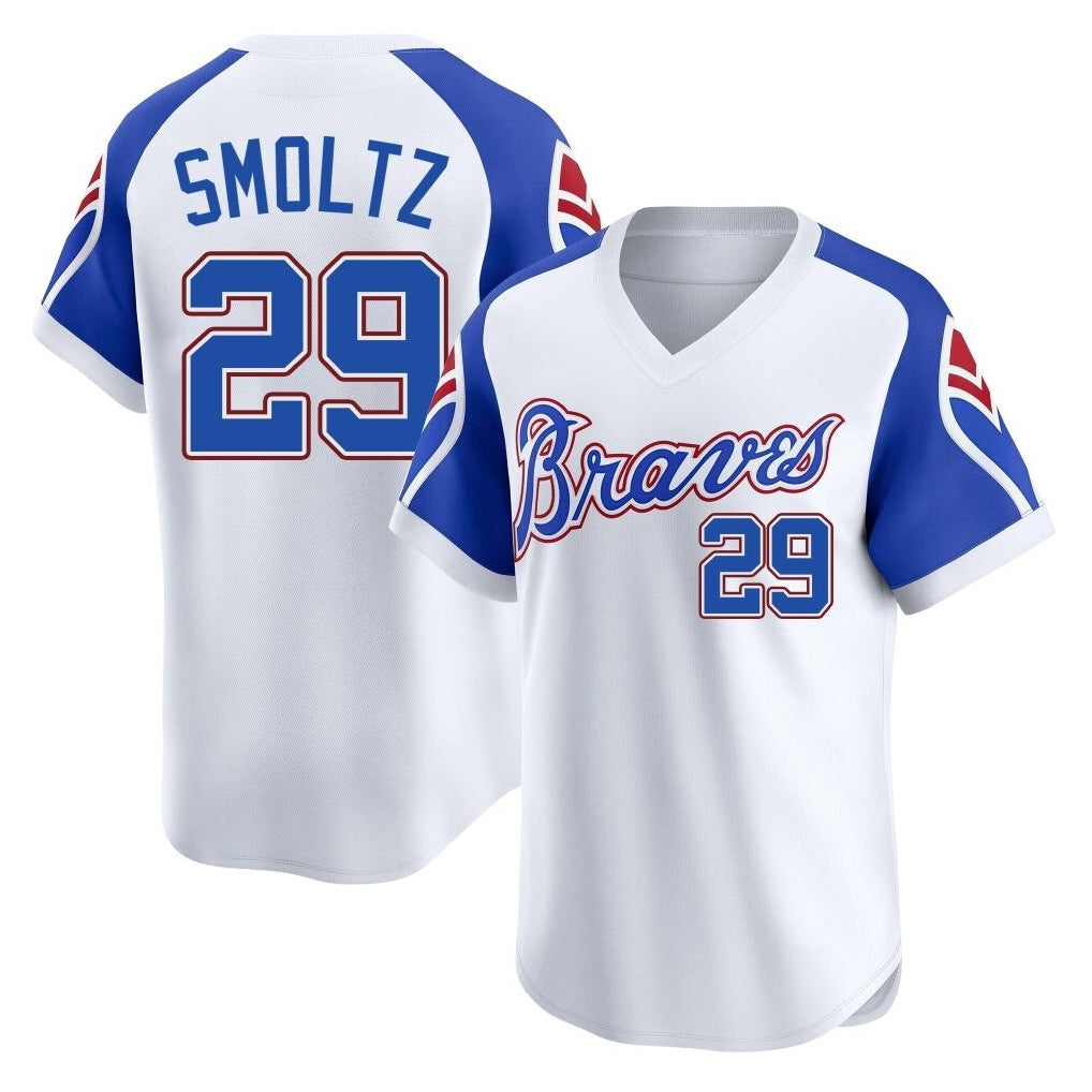 A.Braves #29 John Smoltz Player White Throwback Cooperstown Collection T-shirt Game Qdoa Stitched Jerseys