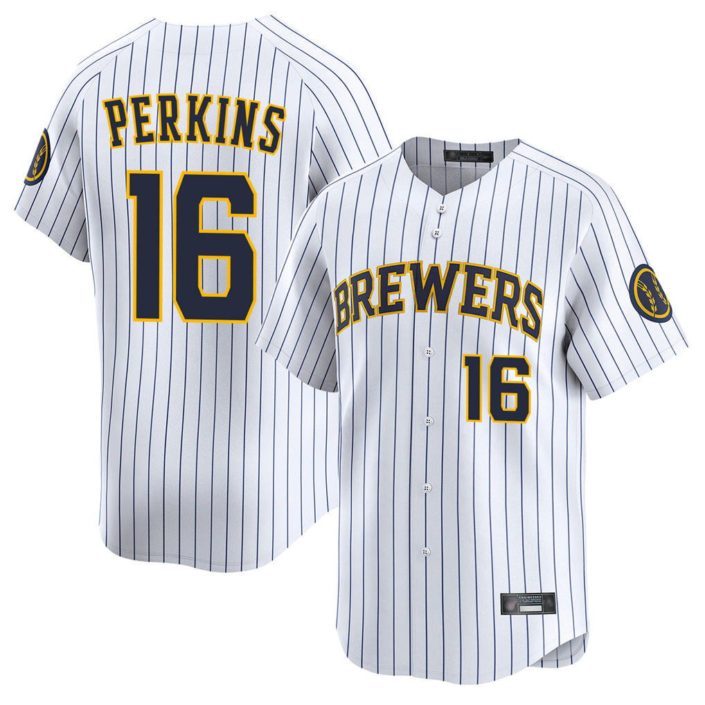 M.Brewers #16 Blake Perkins Player White Stripes Home Limited Game Qdoa Stitched Jerseys