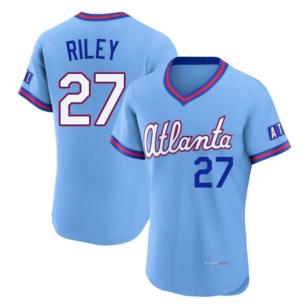 A.Braves #27 Austin Riley Player Powder Blue 2026 City Connect T-shirt Limited Elite Home Game Qdoa Stitched Jerseys