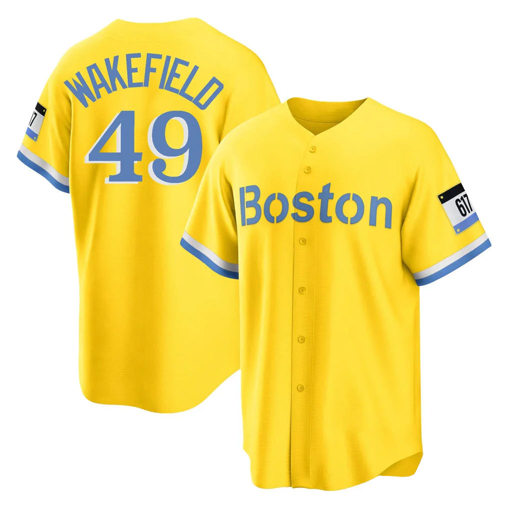 B.Red Sox #49 Tim Wakefield Player Yellow Home Game Qdoa Stitched Jerseys
