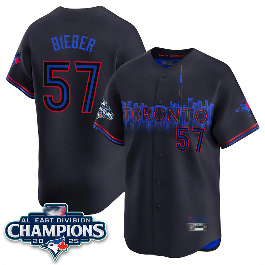 T.Blue Jays #57 Shane Bieber Player Black AL East Division City Connect Qdoa Stitched Jerseys