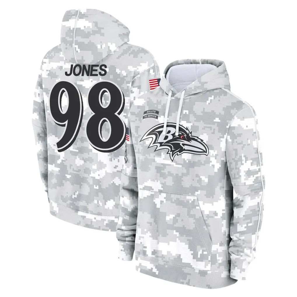 B.Ravens #98 Travis Jones Player Arctic Camo Salute to Service Pullover Hoodie Qdoa Stitched Jerseys