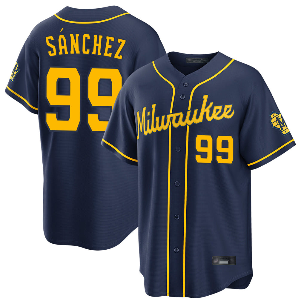 M.Brewers #99 Gary Sanchez Player Navy Home Stadium Game Qdoa Stitched Jerseys