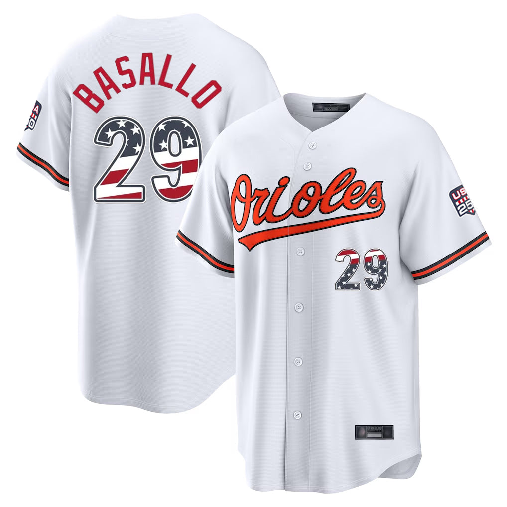 B.Orioles #29 Samuel Basallo Player White USA 250 Fourth of July Home Game Qdoa Stitched Jerseys