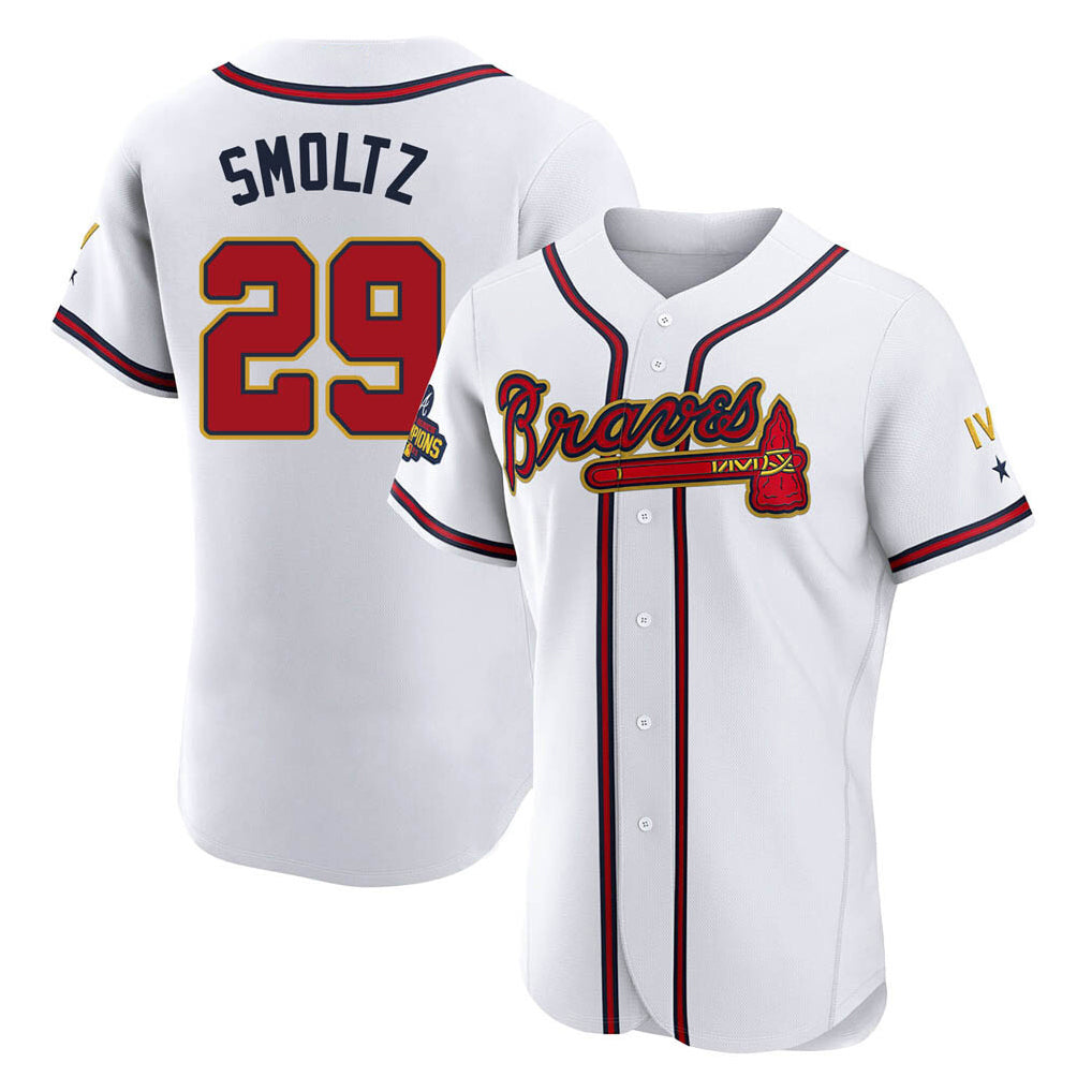A.Braves #29 John Smoltz Player White Gold Limited Elite Home Game Qdoa Stitched Jerseys