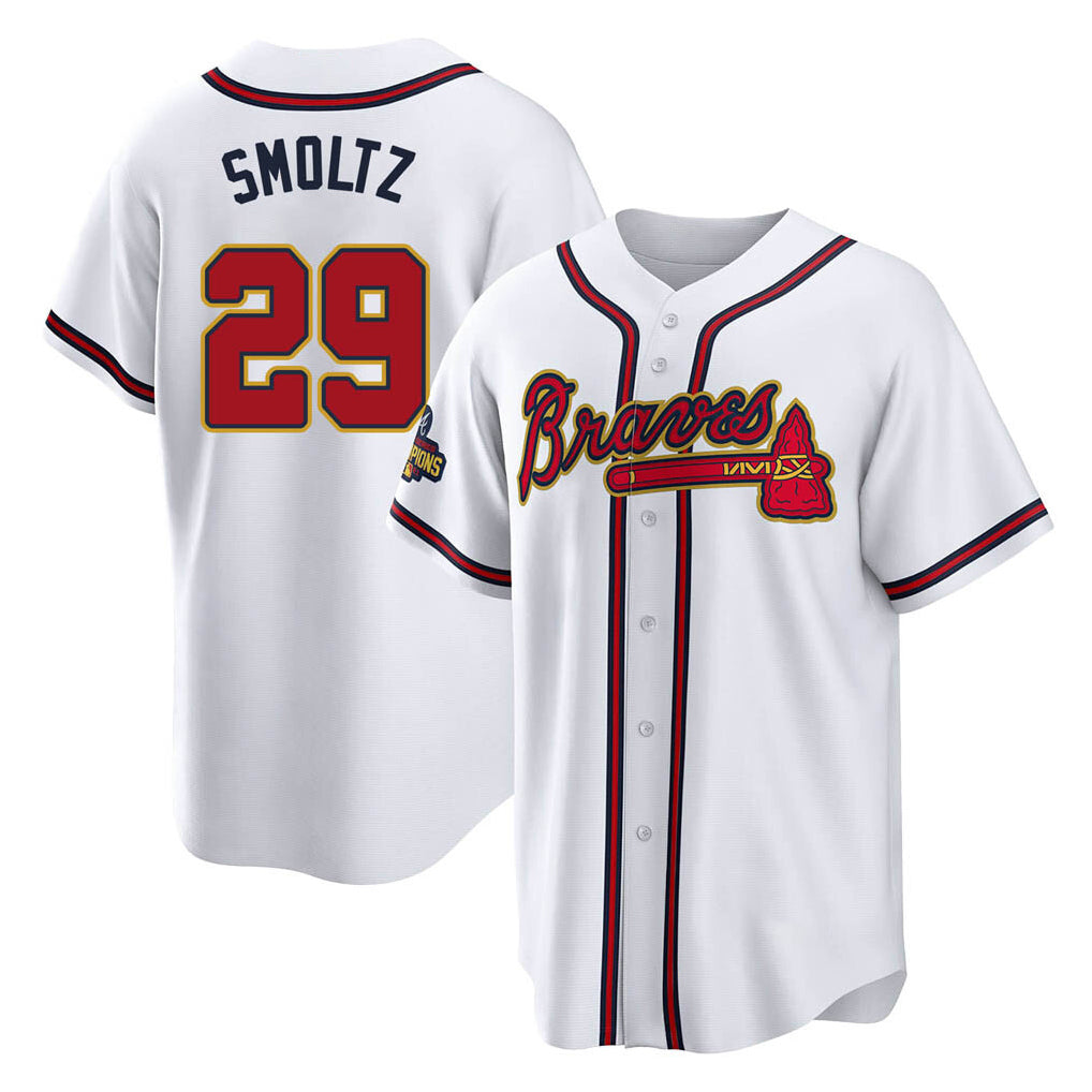 A.Braves #29 John Smoltz Player White Gold Home Game Qdoa Stitched Jerseys