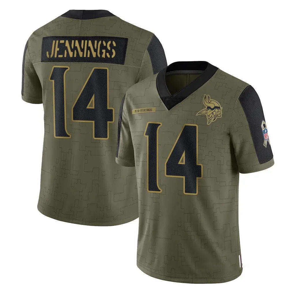 M.Vikings #14 Jauan Jennings Player Olive Salute To Service Limited Game Qdoa Stitched Jerseys