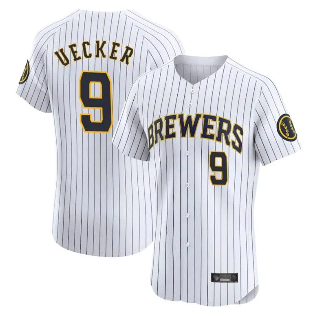 M.Brewers #9 Bob Uecker Player White Stripes Home Limited Elite Qdoa Stitched Jerseys