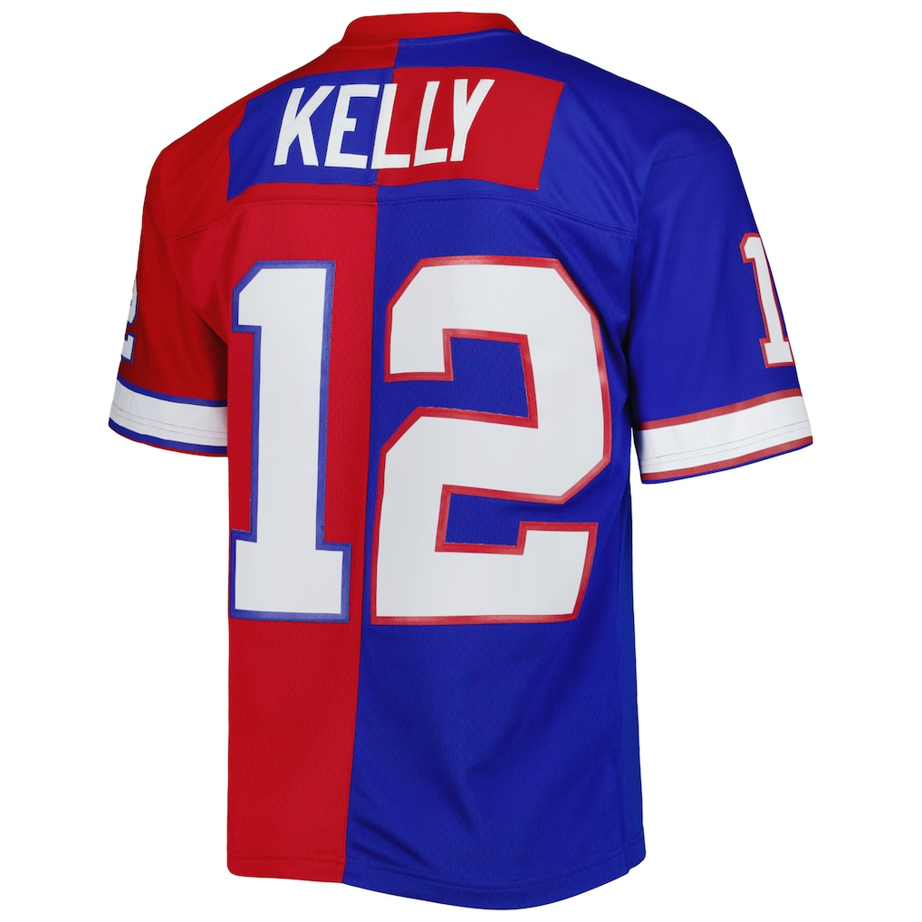 Qdoa B.Bills #12 Jim Kelly Mitchell & Ness RoyalRed 1990 Split Legacy Replica Jersey