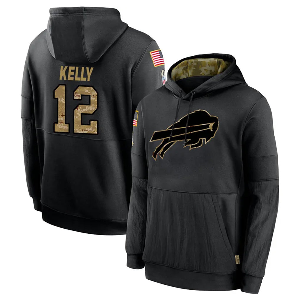 Qdoa B.Bills #12 Jim Kelly Player Black Salute to Service Hoodies Hame Stitched Jerseys