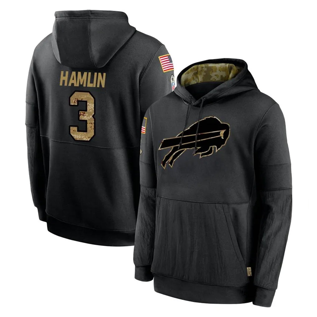 Qdoa B.Bills #3 Damar Hamlin Player Black Salute to Service Hoodies Stitched Jersey