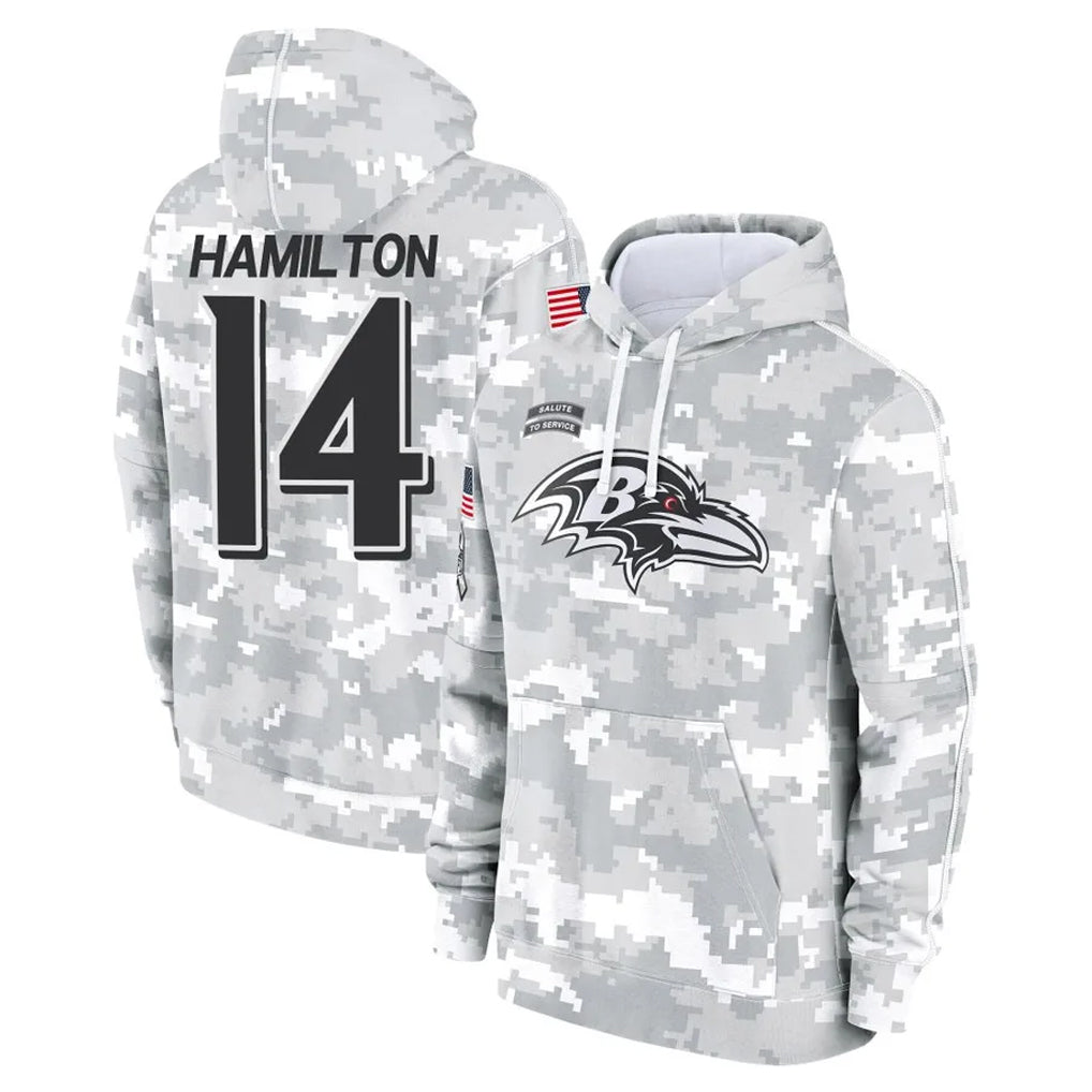 Qdoa B.Ravens #14 Kyle Hamilton Player Arctic Camo Salute to Service Pullover Hoodie Stitched Jerseys