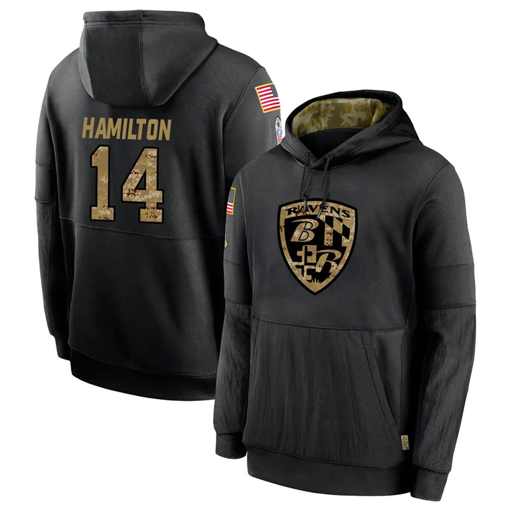 Qdoa B.Ravens #14 Kyle Hamilton Player Black Salute to Service Pullover Hoodie Stitched Jerseys
