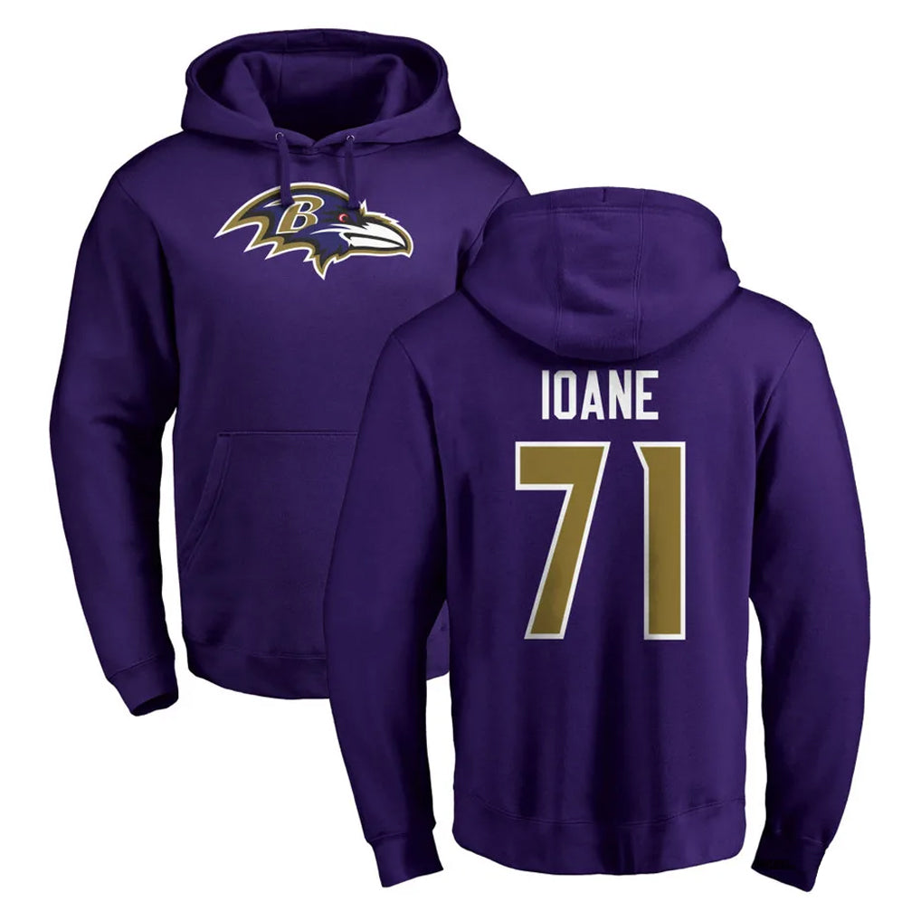 Qdoa B.Ravens #71 Olaivavega Ioane Player Purple Salute to Service Pullover Hoodie Stitched Jerseys