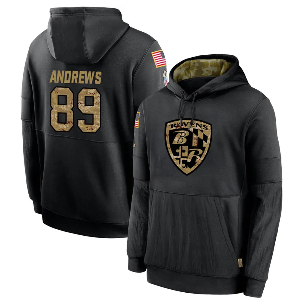 Qdoa B.Ravens #89 Mark Andrews Player Black Salute to Service Pullover Hoodie Stitched Jerseys