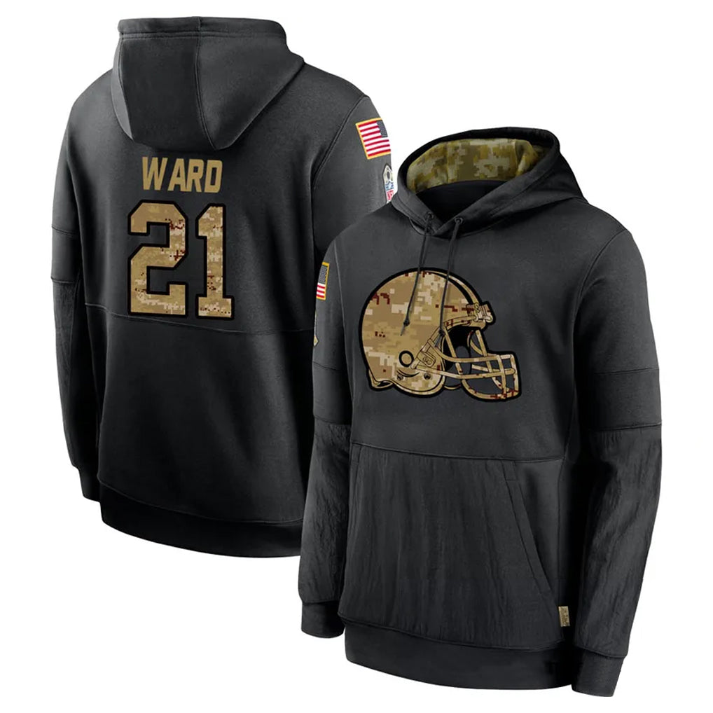 Qdoa C.Browns #21 Denzel Ward Player Black Salute to Service Pullover Hoodies Limited Stitched Jerseys