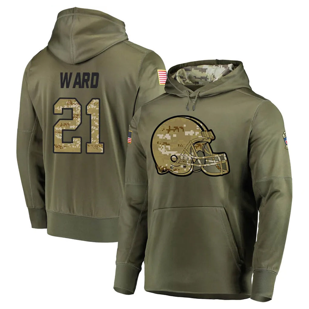 Qdoa C.Browns #21 Denzel Ward Player Olive Salute to Service Pullover Hoodies Home Game Stitched Jerseys