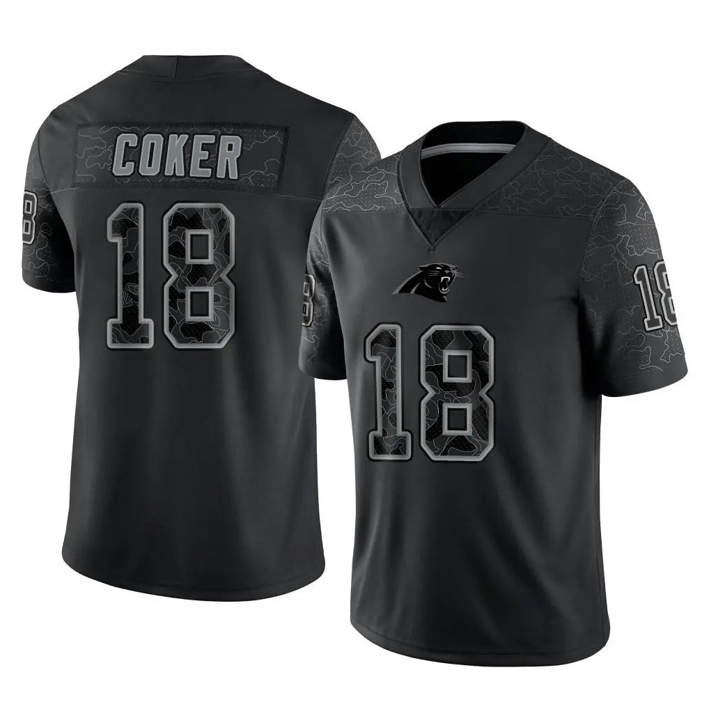 Qdoa C.Panthers #18 Jalen Coker Player Black Limited Reflective Game Stitched Jerseys