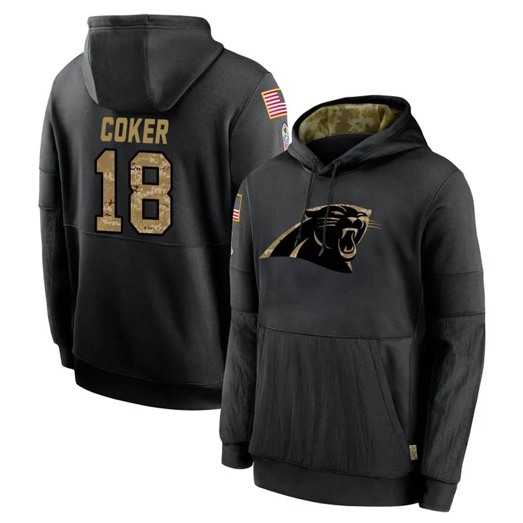 Qdoa C.Panthers #18 Jalen Coker Player Black Salute to Service Pullover Hoodies Limited Game Stitched Jerseys