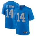 Qdoa D.Lions #14 Amon-Ra St. Brown Player Blue Game Replica Stitched Jerseys
