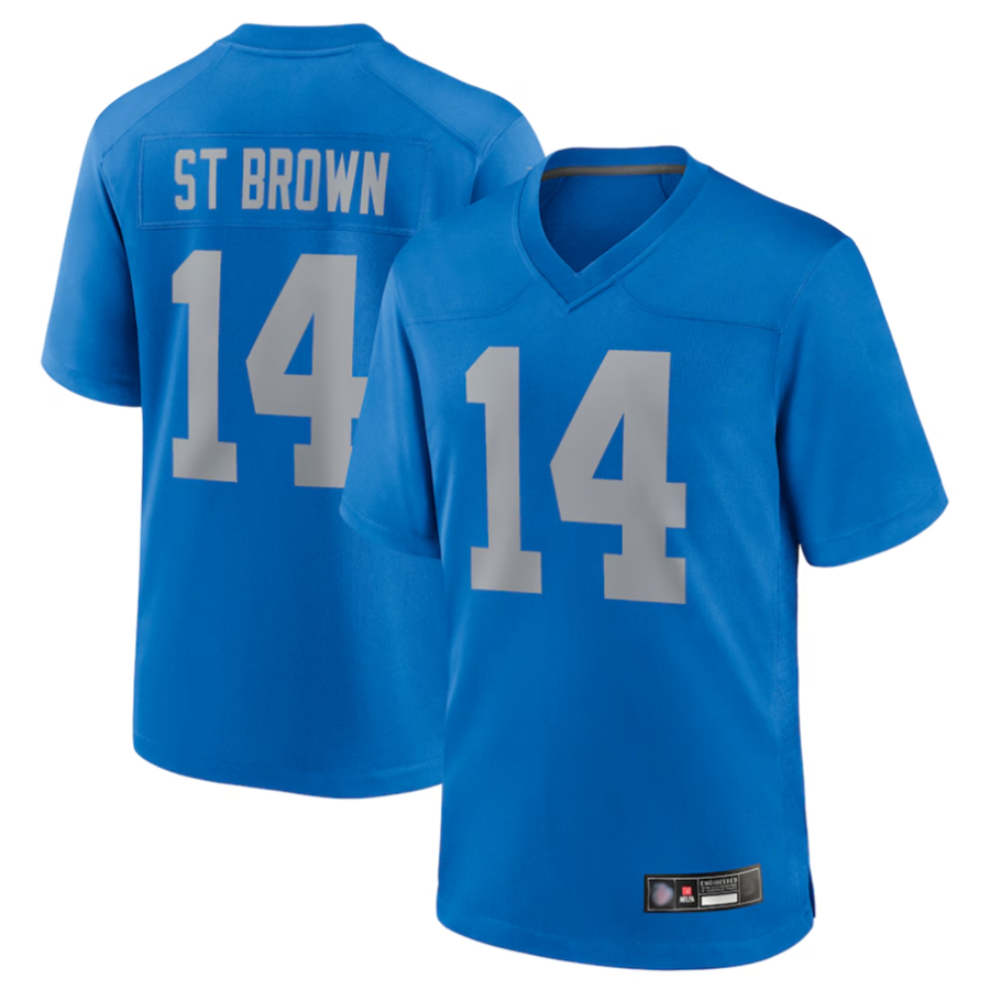 Qdoa D.Lions #14 Amon-Ra St. Brown Player Blue Game Replica Stitched Jerseys