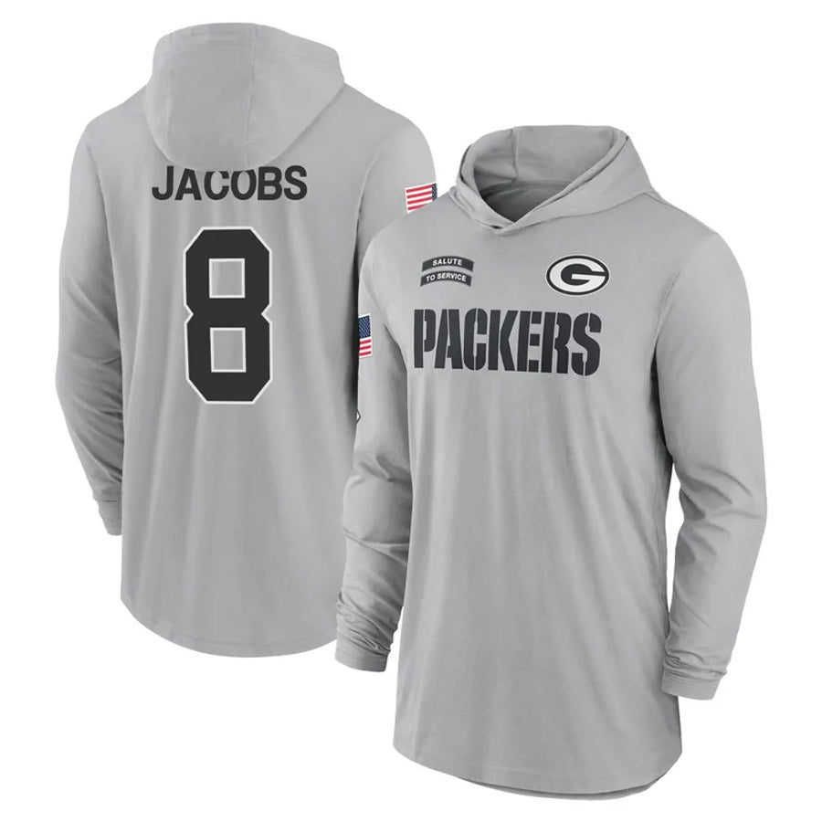 Qdoa GB.Packers #8 Josh Jacobs Player Gray Salute to Service Hoodies Game Stitched Jerseys