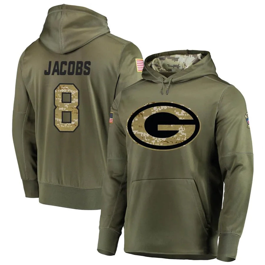 Qdoa GB.Packers #8 Josh Jacobs Player Olive Salute to Service Pullover Hoodie Game Stitched Jerseys
