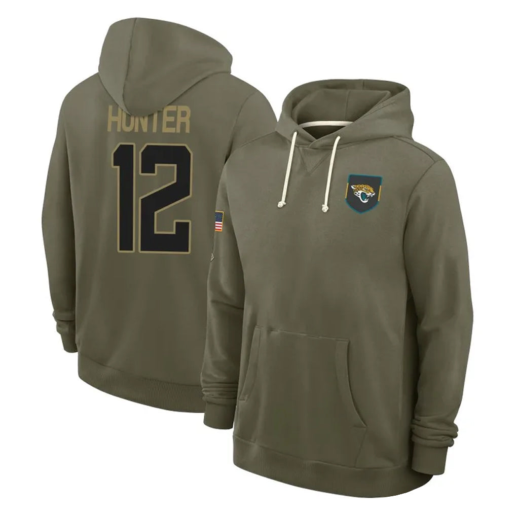 Qdoa J.Jaguars #12 Travis Hunter Player Olive Salute to Service Pullover Hoodies Limited Stitched Jerseys