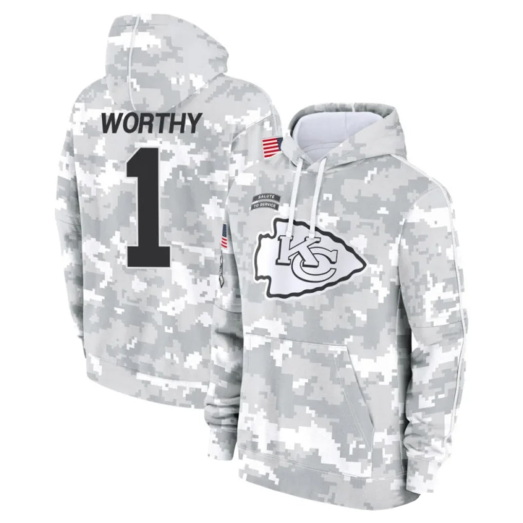 Qdoa KC.Chiefs #1 Xavier Worthy Player Arctic Camo Salute to Service Hoodies Stitched Jerseys