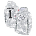Qdoa KC.Chiefs #1 Xavier Worthy Player Arctic Camo Salute to Service Hoodies Stitched Jerseys