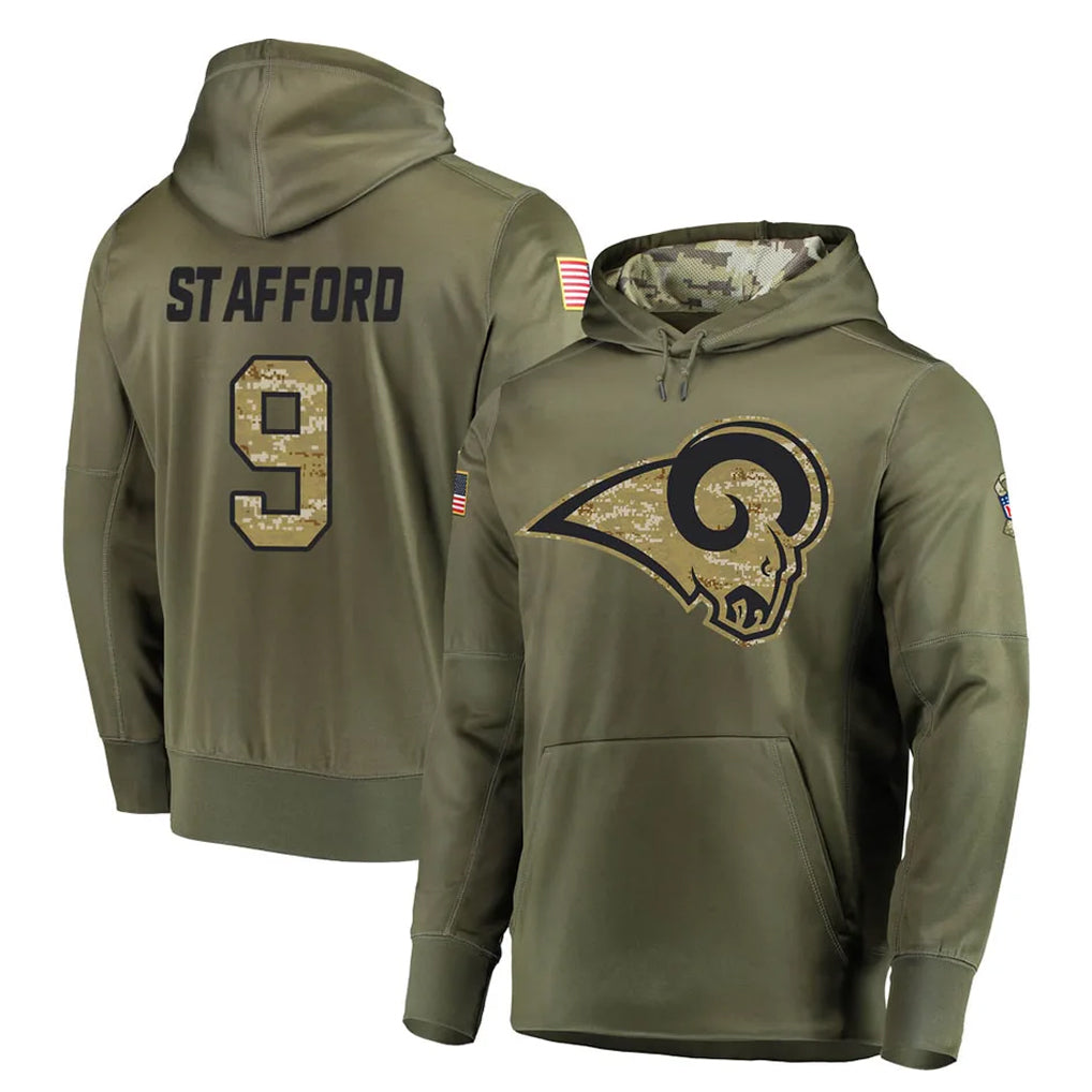 Qdoa LA.Rams #9 Matthew Stafford Player Olive Salute to Service Pullover Hoodies Home Game Stitched Jerseys