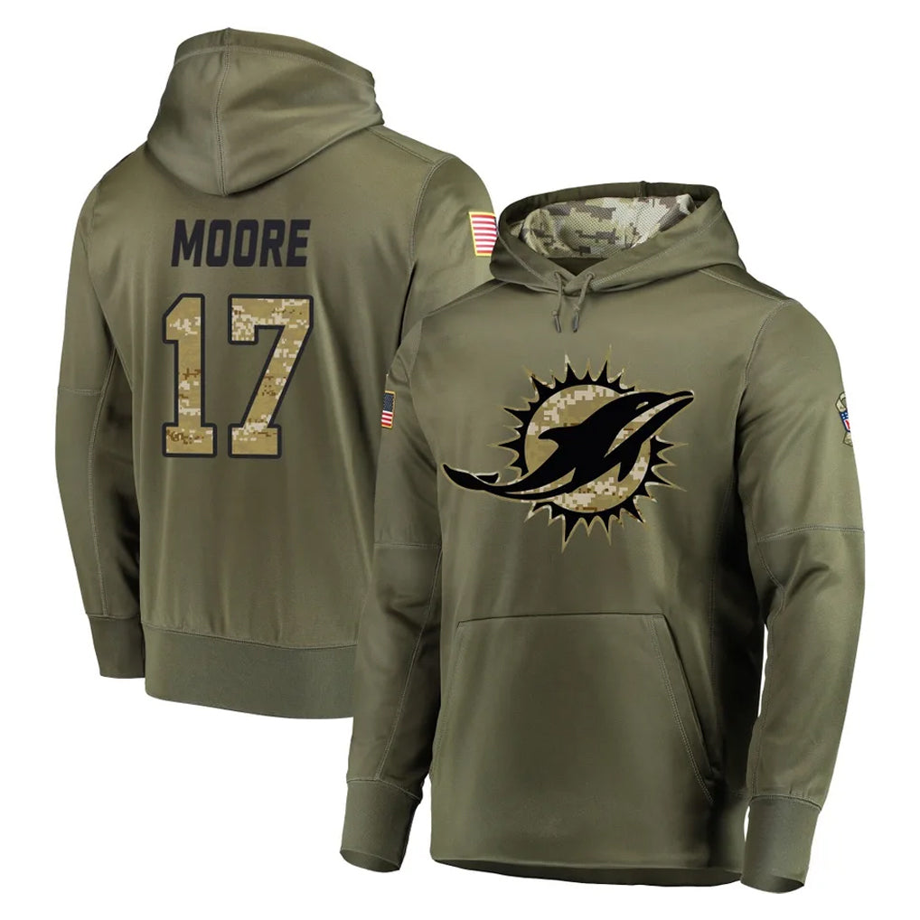 Qdoa M.Dolphins #17 Trey Moore Player Olive Salute to Service Pullover Hoodies Home Game Stitched Jerseys