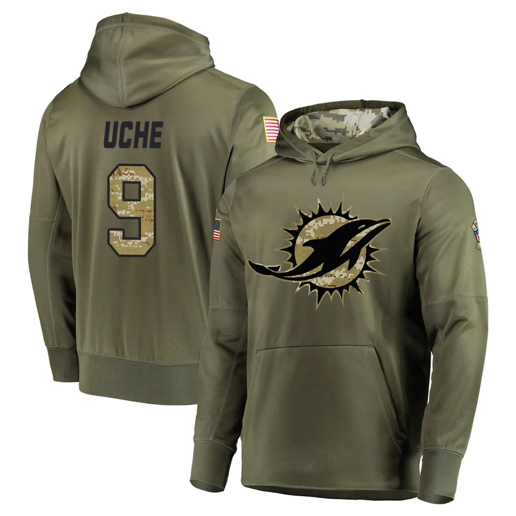 Qdoa M.Dolphins #9 Joshua Uche Player Olive Salute to Service Pullover Hoodies Home Game Stitched Jerseys