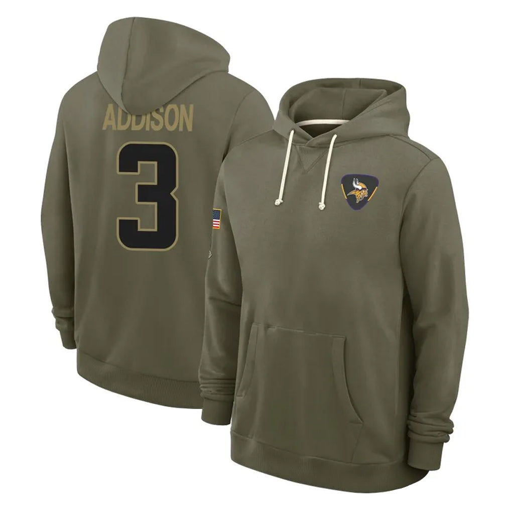 Qdoa MN.Vikings #3 Jordan Addison Player Olive Salute to Service Pullover Hoodies Limited Stitched Jerseys