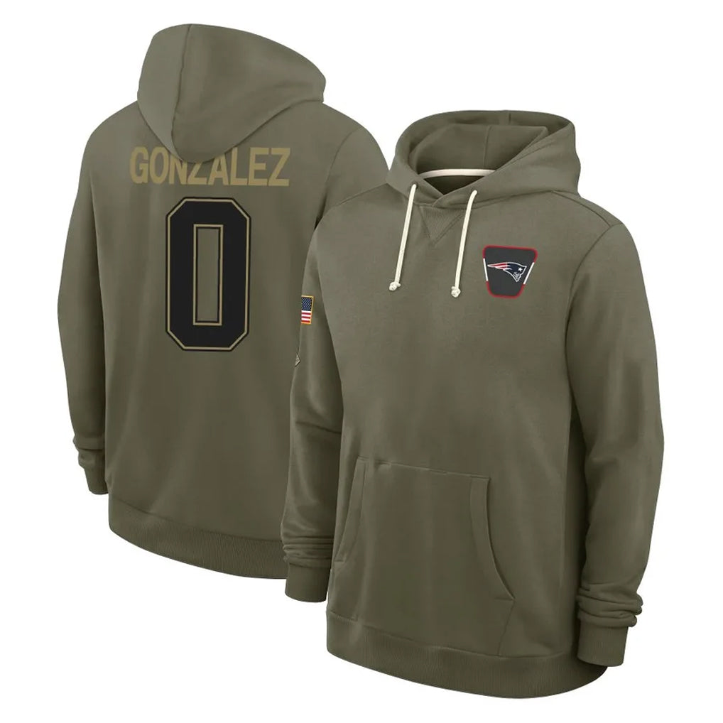 Qdoa NE.Patriots #0 Christian Gonzalez Player Olive Salute to Service Pullover Hoodies Limited Stitched Jerseys