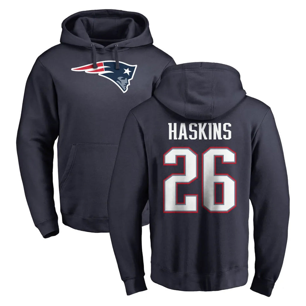 Qdoa NE.Patriots #26 Hassan Haskins Player Navy LOGO Pullover Hoodies Home Game Stitched Jerseys