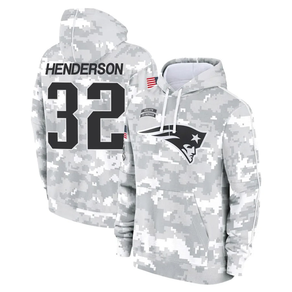 Qdoa NE.Patriots #32 TreVeyon Henderson Player Arctic Camo Salute to Service Pullover Hoodies Limited Game Stitched Jerseys