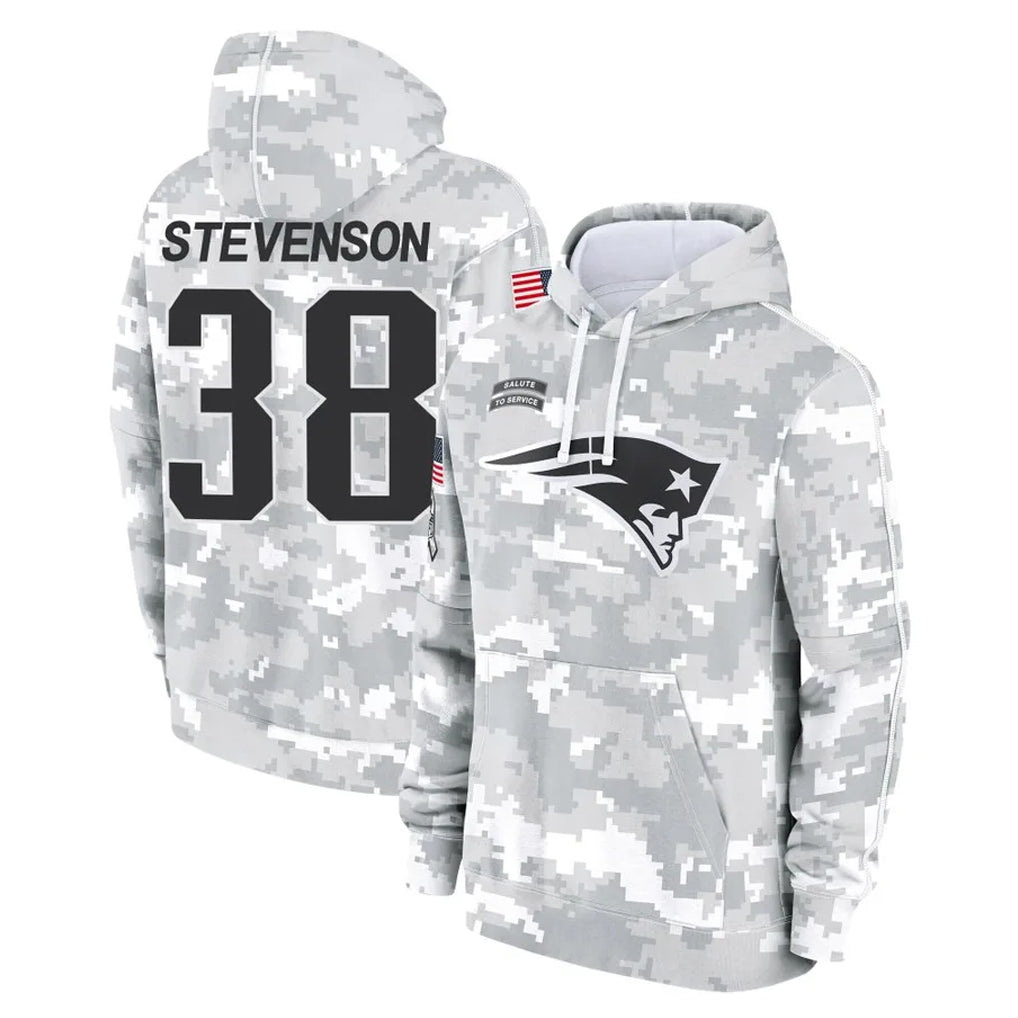 Qdoa NE.Patriots #38 Rhamondre Stevenson Player Arctic Camo Salute to Service Pullover Hoodies Limited Game Stitched Jerseys