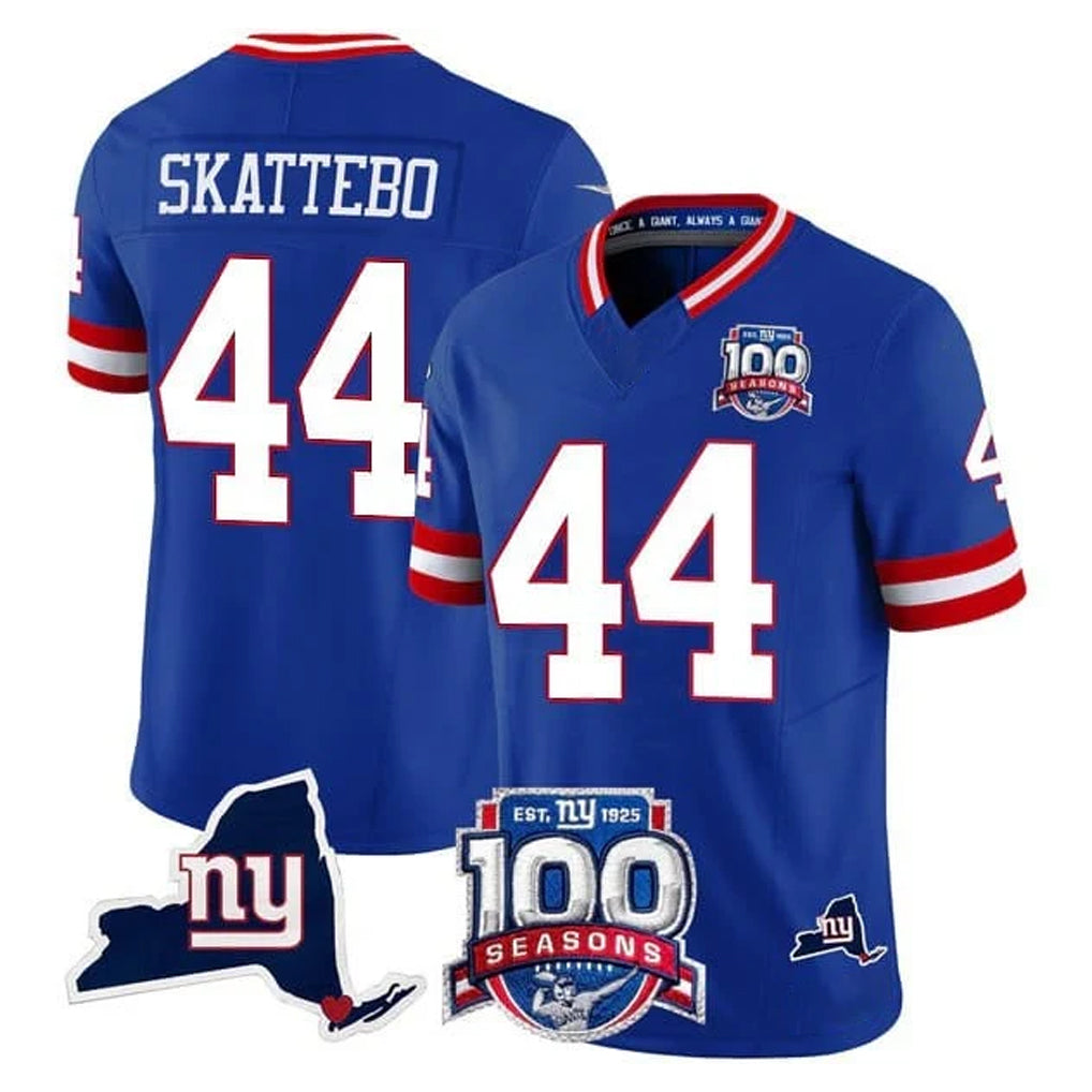 Qdoa NY.Giants #44 Cam Skattebo Player Royal 100th Season & State Patch Vapor Limited Home Game Stitched Jerseys