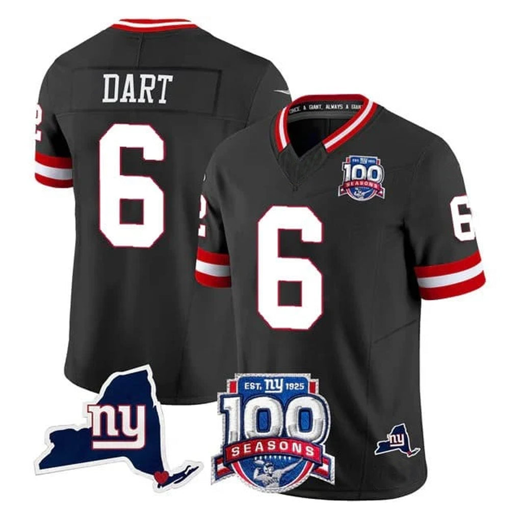 Qdoa NY.Giants #6 Jaxson Dart Player Black 100th Season & State Patch Vapor Limited Home Game Stitched Jerseys