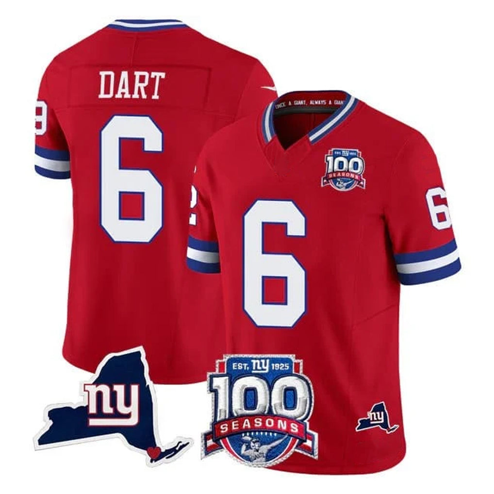Qdoa NY.Giants #6 Jaxson Dart Player Red 100th Season & State Patch Vapor Limited Home Game Stitched Jerseys
