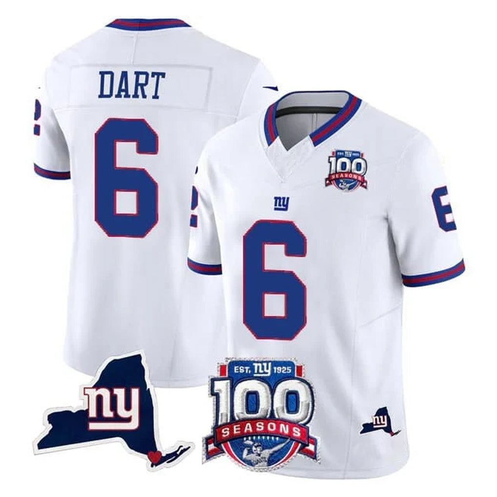 Qdoa NY.Giants #6 Jaxson Dart Player White 100th Season & State Patch Vapor Limited Home Game Stitched Jerseys