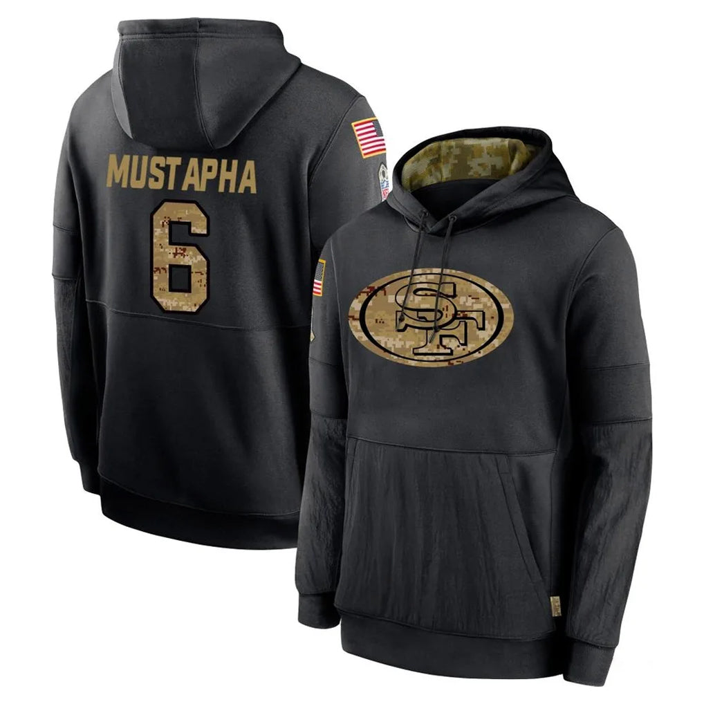 Qdoa SF.49ers #6 Malik Mustapha Player Black Salute to Service Sideline Performance Pullover Hoodies Home Game Stitched Jerseys