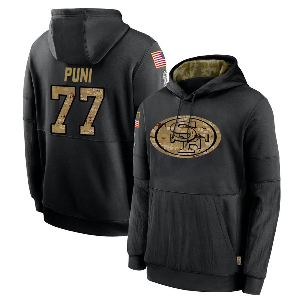 Qdoa SF.49ers #77 Dominick Puni Player Black Salute to Service Sideline Performance Pullover Hoodies Home Game Stitched Jerseys