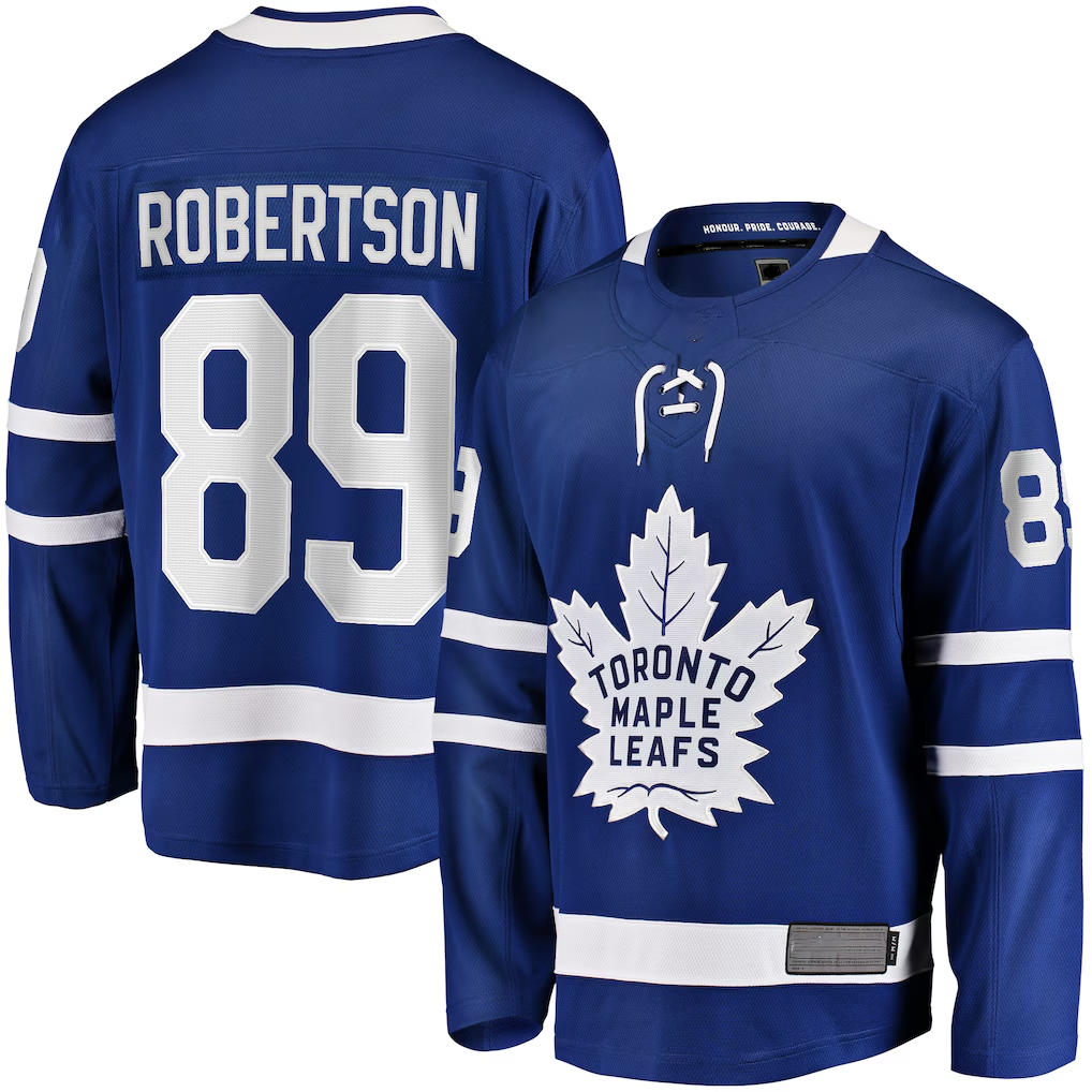 Qdoa T.Maple Leafs #89 Nicholas Robertson Blue Home Premier Breakaway Player Jerseys